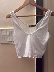 White Ribbed Lettuce Hem Crop Top