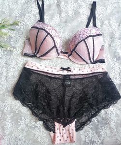 Lace Trim Pink Bra and Black Panty Set