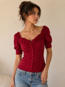 Chic Deep Red Button-Up Sleeve Top