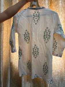 Cream Kurta with Green Floral Print