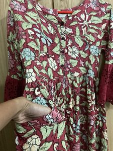 POCKETS!! Maroon Floral Print Kurta with Bell Slee