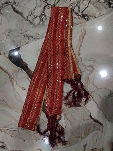 Red Embroidered Dupatta with Mirror Work