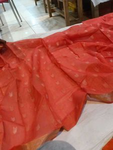 Elegant Coral Saree with Golden Border