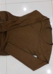 Brown V-Neck Long Sleeve Top