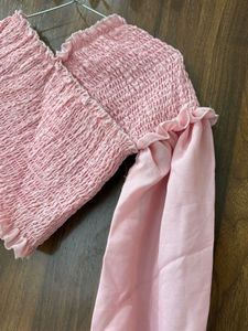 Chic Off-Shoulder Smocked Pink Top