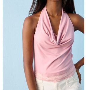 Pink Halter Neck Lace Trim Top