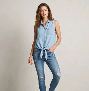 Light Wash Sleeveless Denim Tie-Front Shirt