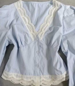 Light Blue Striped Lace Trim Blouse