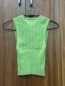 Zara Lime Green Ribbed V-Neck Sleeveless Top