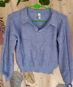 Light Blue Ribbed Collared Sweater