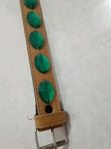 Brown Leather Belt with Green Jewels