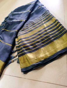 Elegant Blue &amp; Gold Striped Saree