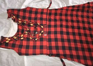Red Plaid Tunic with Beaded Necklace