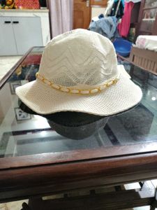 Stylish White Woven Sun Hat with Chain Detail