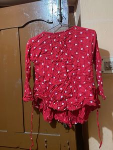 Red Kurti with White Heart Print
