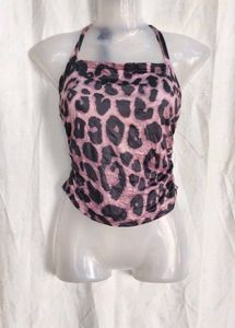 I. Leopard Print Halter Neck Crop Top