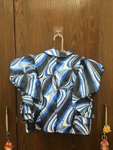 Abstract Print Ruffled Sleeve Top