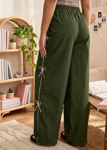 Olive Green Wide Leg Pants with Bow Detail