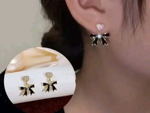 Korean Black Bow Studded Heart Earrings