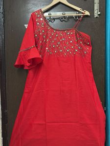 Red Embellished one shoulder kurti