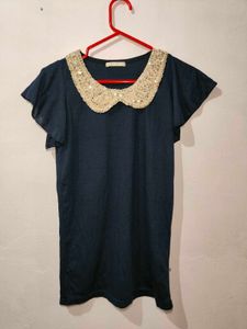 Navy Blue Top with Sequined Collar