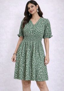 new Green & White Print Casual Dress