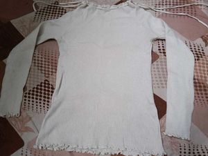 Cream Ribbed Long Sleeve Tie Neck Top