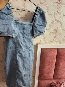 Denim Puff Sleeve Square Neck Dress