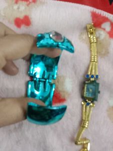 Vintage Teal Bangle &amp; Gold Watch Set