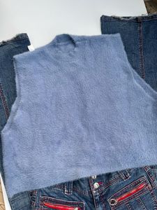Fuzzy Back cutout Blue Sleeveless Top