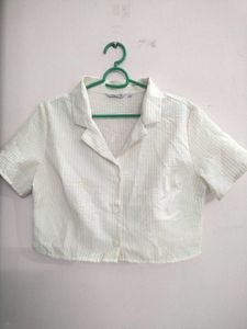 Cream Textured Cropped Button-Up Shirt