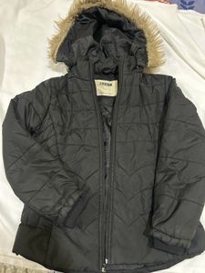 Black Puffer Jacket with Faux Fur detachable Hood