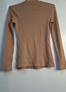 Classic Beige Mock-Neck Ribbed Long-Sleeve Top