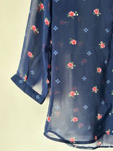 Chic Navy Floral Print Sheer Blouse