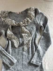 Gray Knit Sweater with Ruffle Collar