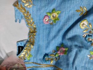 Sky Blue Embroidered Kurti And Skirt Set