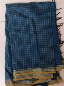 Elegant Teal & Gold Checkered Saree