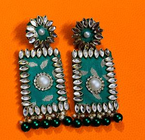 Fancy Fabric Earrings Colour Green Party Wear Earr