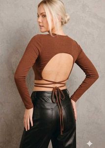Brown Tie-Front Long Sleeve Crop Top