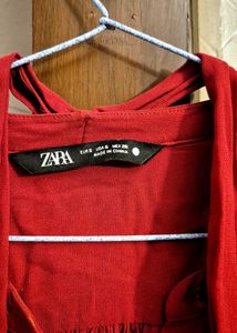 Red Zara Button-Up Blouse with Tie