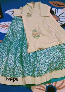 Elegant Beige Kurta with Green Skirt Set