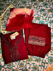 Maroon Embroidered Kurta Set with Pants &amp; Dupatta