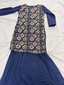 Girls Navy Embroidered Tulle Gown