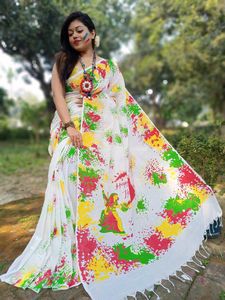 76)White Holi Special Splatter Saree