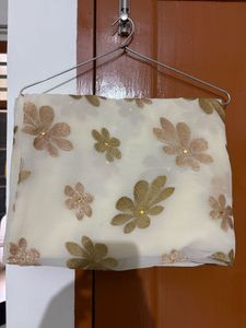 Elegant Ivory Gold Floral Organza Saree