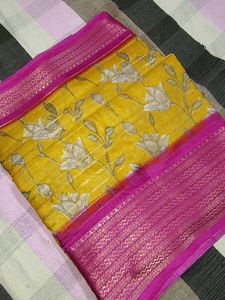 Yellow Floral Saree with Pink Border