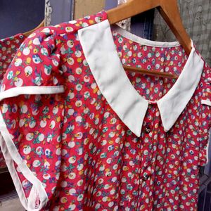 Red Floral Button-Up Top with Peter Pan Collar