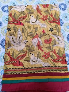 Bright Red And Yellow Kantha Stitch Semi Silk Sare