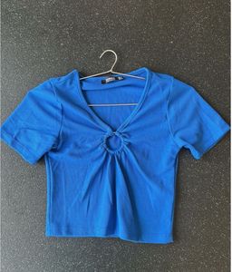 Blue V-Neck Ring Detail Crop Top