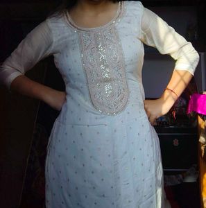 Elegant White Kurta Set with Embellished Neckline